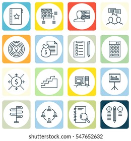 Set Of 16 Project Management Icons. Includes Report, Investment, Discussion And Other Symbols. Beautiful Design Elements.