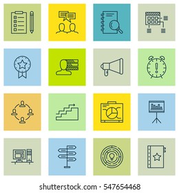 Set Of 16 Project Management Icons. Includes Announcement, Collaboration, Time Management And Other Symbols. Beautiful Design Elements.