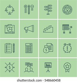 Set Of 16 Project Management Icons. Includes Board, Time Management, Discussion And Other Symbols. Beautiful Design Elements.