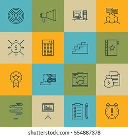 Set Of 16 Project Management Icons. Includes Computer, Discussion, Board And Other Symbols. Beautiful Design Elements.