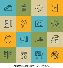 Set Of 16 Project Management Icons. Includes Reminder, Present Badge, Board And Other Symbols. Beautiful Design Elements.