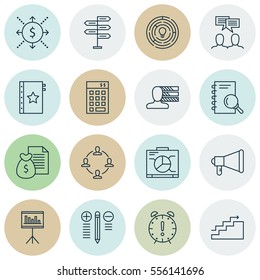 Set Of 16 Project Management Icons. Includes Investment, Discussion, Analysis And Other Symbols. Beautiful Design Elements.