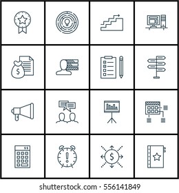 Set Of 16 Project Management Icons. Includes Present Badge, Presentation, Investment And Other Symbols. Beautiful Design Elements.