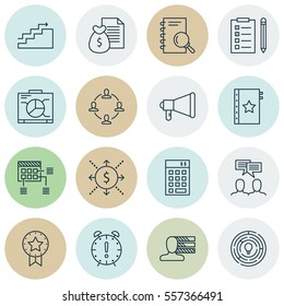 Set Of 16 Project Management Icons. Includes Present Badge, Collaboration, Money And Other Symbols. Beautiful Design Elements.