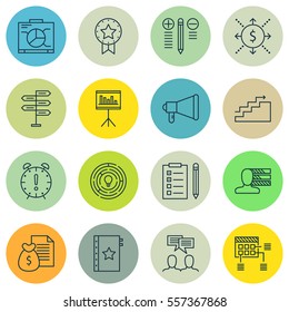 Set Of 16 Project Management Icons. Includes Money, Present Badge, Decision Making And Other Project Management Icons Symbols. Beautiful Design Elements.