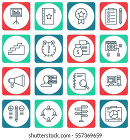 Set Of 16 Project Management Icons. Includes Announcement, Presentation, Warranty And Other Symbols. Beautiful Design Elements.
