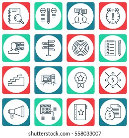Set Of 16 Project Management Icons. Includes Innovation, Discussion, Warranty And Other Symbols. Beautiful Design Elements.