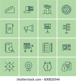 Set Of 16 Project Management Icons. Includes Reminder, Discussion, Computer And Other Symbols. Beautiful Design Elements.