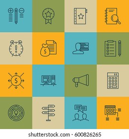 Set Of 16 Project Management Icons. Includes Announcement, Personal Skills, Opportunity And Other Symbols. Beautiful Design Elements.