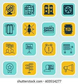 Set Of 16 Project Management Icons. Includes Opportunity, Time Management, Discussion And Other Symbols. Beautiful Design Elements.
