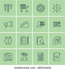 Set Of 16 Project Management Icons. Includes Time Management, Analysis, Warranty And Other Symbols. Beautiful Design Elements.