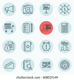 Set Of 16 Project Management Icons. Includes Warranty, Discussion, Reminder And Other Symbols. Beautiful Design Elements.