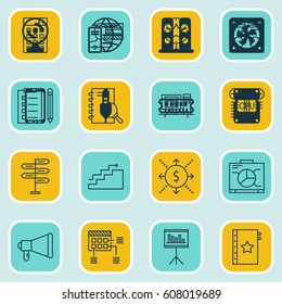 Set Of 16 Project Management Icons. Includes Personal Skills, Decision Making, Discussion And Other Symbols. Beautiful Design Elements.