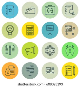 Set Of 16 Project Management Icons. Includes Warranty, Announcement, Schedule And Other Symbols. Beautiful Design Elements.