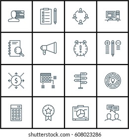 Set Of 16 Project Management Icons. Includes Announcement, Analysis, Time Management And Other Symbols. Beautiful Design Elements.