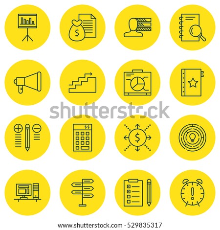 Set Of 16 Project Management Icons. Can Be Used For Web, Mobile, UI And Infographic Design. Includes Elements Such As Presentation, Analysis, Opportunity And More.