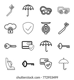 Set of 16 protect outline icons such as key, umbrella, toothbrush, welding glasses, card protection, cloud protection, spy camera, baby seat in car