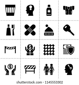 Set of 16 protection filled icons such as money insurance, trash bin, car key, road barrier, metal fence, family, money care, ley lock in head, key in head, patch