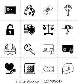 Set of 16 protection filled and outline icons such as money insurance, safe, scales, care, credit card security, unlock, chain, car key, christian cross, patch