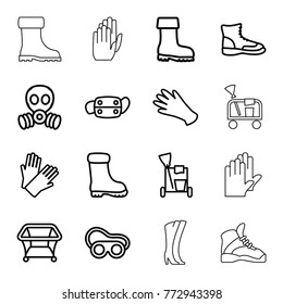 Set of 16 protective outline icons such as playpen, gloves, cleaning tools, boot, welding glasses, medical mask, gas mask, glove