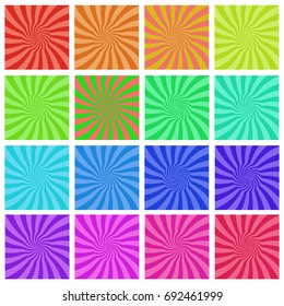 Set of 16 psychadelic radial pattern backgrounds. Vector illustration.