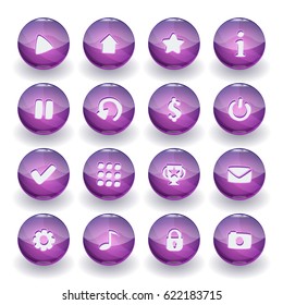 Set of 16 purple icons isolated on white background for game user interface. Mobile app vector elements template.