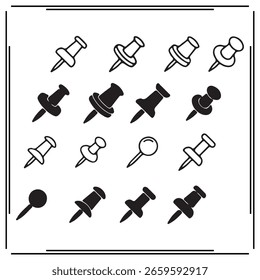 Set of 16 Push Pin Icons: Black and White Thumbtack, Pin, Map Marker, Magnifying Glass, Tacks for Office, Web Design, Navigation, and UI Projects