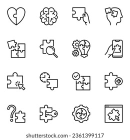 Set of 16 puzzle line icons. solve, lined, mind, task, complete, jigsaw, puzzle, match, brain, solution, stroke, problem, process, strategy, challenge