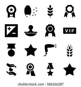 Set of 16 quality filled icons such as wheat, vip, hair dryer, Star, award, honeycomb, hands holding heart, stamp, ribbon, light exposure, medal