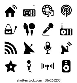 Set of 16 radio filled icons such as satellite, microphone, radio, wi-fi, favorite music, international music, signal, speaker