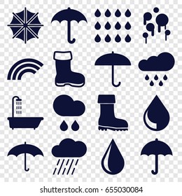 set of 16 rain filled icons such as boot, shower, water drop, rain, umbrella, drop, blood