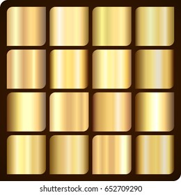 Set of 16 realistic gold gradient metallic textures. Illustration for frame, ribbon, banner, coin and label.