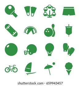 set of 16 recreation filled icons such as skate board, windsurfing, bowling, boxing gloves, table tennis, american football helmet, air balloon, umbrella