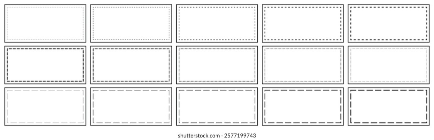 A set of 16 rectangle frames with various dashed, dotted, and solid borders, ideal for graphic design and layouts.