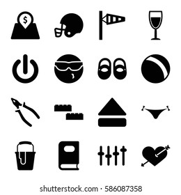 Set of 16 red filled icons such as wind cone, ball, baby shoes, book, panties with heart, pliers, paint bucket, cool emot in sunglasses, heart with arrow