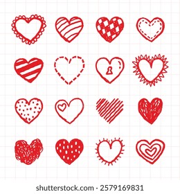 Set of 16 red hand-drawn hearts on a grid background. Each heart is unique, showcasing different patterns and styles. Perfect for Valentine's designs and crafts. Cute hand drawn Valentine's Day vector