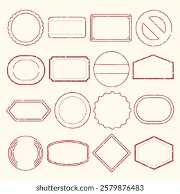 Set of 16 red outline badge templates. Various shapes: circles, ovals, rectangles, and hexagons. Perfect for labels, logos, and designs. Badge variety in red. Red stamps, vector set.