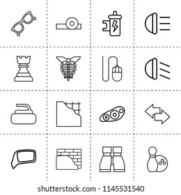 Set of 16 reflection outline icons such as spark coil, arrow, front car light, binoculars, hight beem light, low beem light, car mirror, plastering, mouse, glasses, medical