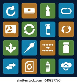 Set of 16 refresh filled icons such as reload, update, reload replay, air conditioner, arrow, cloud sync, bottle for fitness