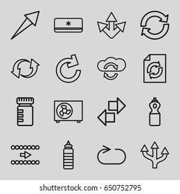 set of 16 refresh outline icons such as reload, update, reload replay, air conditioner, arrow, cloud sync, bottle for fitness
