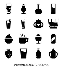 Set of 16 refreshment filled icons such as baby bottle, tea, milkshake, soda, drink, bottle, strawberry