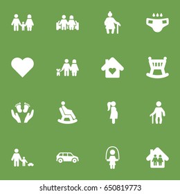 Set Of 16 Relatives Icons Set.Collection Of Nappy, Grandpa, Father With Son Elements.