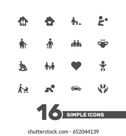 Set Of 16 Relatives Icons Set.Collection Of Playing, House, Look After And Other Elements.