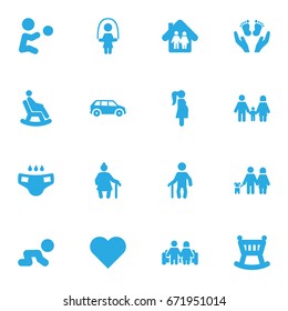 Set Of 16 Relatives Icons Set.Collection Of Expectant Mother, Nappy, Automobile And Other Elements.