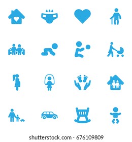 Set Of 16 Relatives Icons Set.Collection Of Girl, Perambulator, Creep Baby And Other Elements.