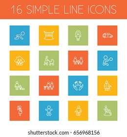 Set Of 16 Relatives Outline Icons Set.Collection Of Family, Playing, Skipping Rope And Other Elements.