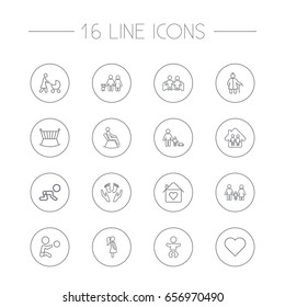Set Of 16 Relatives Outline Icons Set.Collection Of Boy, Lovers, Grandmother And Other Elements.