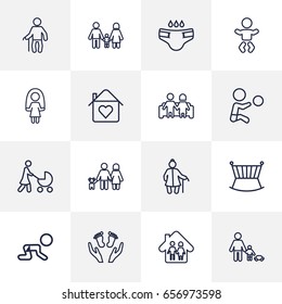 Set Of 16 Relatives Outline Icons Set.Collection Of Diaper, Home, Stroller And Other Elements.