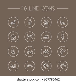 Set Of 16 Relatives Outline Icons Set.Collection Of Playing, Family, Home And Other Elements.