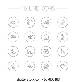 Set Of 16 Relatives Outline Icons Set.Collection Of Grangmother, Care, Baby And Other Elements.